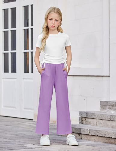 Image of Arshiner Girls 2 Piece Outfit Ruched Drawstring Tops and Wide Leg Pants Set