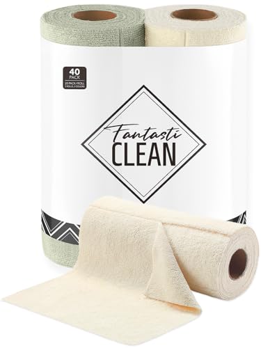 Image of Fantasticlean Kitchen Towels - 40 Sheets - Reusable Washable Dishcloth Rolls, Super Absorbent, Premium Microfiber Cleaning Cloths, 10'' by 10'' (Beige, MossGreen)