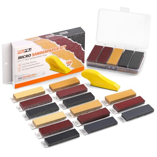POLIWELL 120pcs Micro Detail SanderPaper Kit with Storage Box,3.5” x 1” Hand Sanding Block for Small Projects,3-in-1 Sand Paper Kit,80-600 Grit Sandpaper Assortment Pack for Wood Tight Narrow Spaces