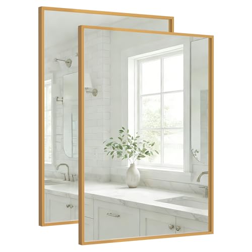 Pocetry 2-Pack 24"x36" Vintage Gold Bathroom Mirror, Antique Brass Deep-Set Metal Frame, Heavy-Duty Rectangular Wall Mirror, Traditional Bedroom & Mantel Decor