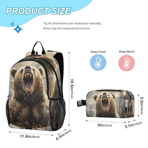 Animal Kids Backpack Roaring Bear School Bookbag with Lunch Bag for Boys Girls Preschool Kindergarten Elementary Laptop Daypack2