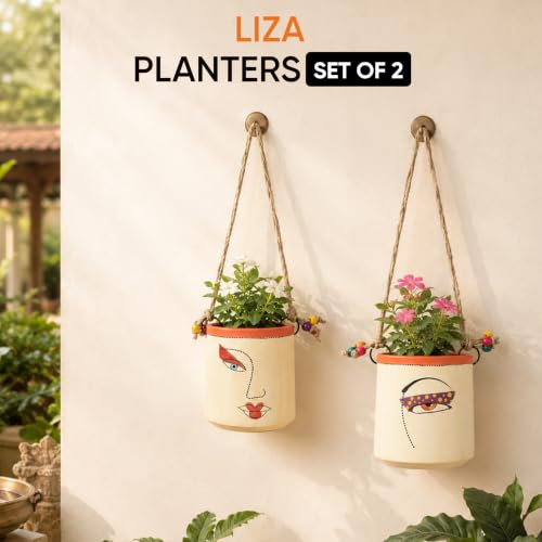 Image of AAKRITI ART CREATIONS Terracotta Handpainted Planters Set of 2 | Liza Design, Modern Art, White Matte Finish | Decorative Planters for Indoor & Outdoor Home Decor