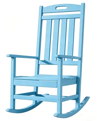 Adiromoti Outdoor Rocking Chair, All-Weather Resistant Poly Lumber Rocker Chair Outdoor, High Back Plastic Patio Rocking Chairs for Outside Porch Rocker Garden Lawn, Ocean Blue