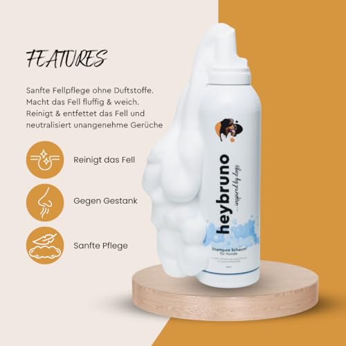 heybruno Hundeshampoo, Schaum, 200 ml, für fluffiges & weiches Fell, dermatologisch getestet