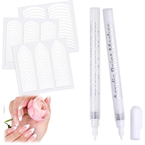 French Manicure Nail Art Set Including White Nail Polish Pens and French Tip Stickers 2PCs Nail Art Markers with 3 Nails Stencils for DIY Nail Design Kit Nail Tools and Stuff for French Nails