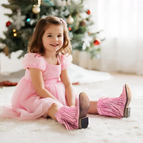 Rollda Fringe Cowgirl Boots – Glitter Square Toe Cowboy Boots for Girls – Sparkle Party Shoes for Toddlers to Big Kids angle 2
