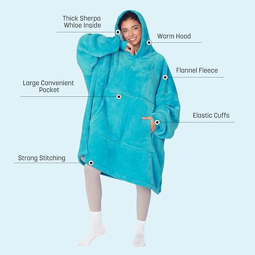 Oversized Hoodie Blanket, Warm Gifts for Women Men, Fluffy Sherpa Wearable Hooded Sweatshirt Blanket, Giant Hoodies Sweater with Front Pocket for Adults Friends, Aque