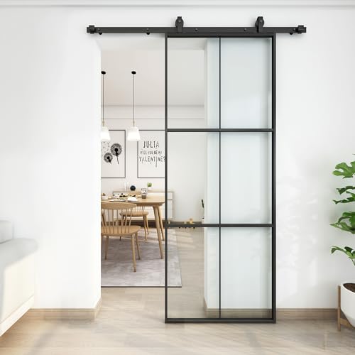 JUBEST 30in x 84in Glass Sliding Barn Door, 3-Panel Black Aluminum Frame and Clear Tempered Glass...