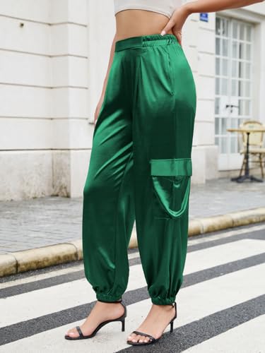ZAFUL Womens Satin Joggers 2025 Boho Chic Cargo Jogger Pants High Waisted Stretch Silk Ankle Pants Slack Trousers