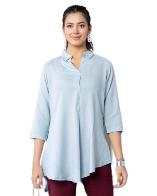 Image of Mlada Rayon Flare Top for Women | 3 /4th Sleeve Regular Fit and Flare Top | Women Office Tops Tunic | Western Long Shirt Top for Women | Shirt Collar Top for Women | Rayon Tunic Tops for Women Western
