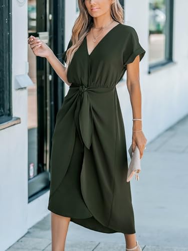 CUPSHE Women's V Neck Wrap Dress Twisted Slit Pleated Waist Tie Short Sleeve Summer Midi Dresses4