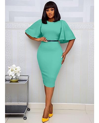 Image of Memoriesea Women's Basic Bodycon Ruffle Flared Short Sleeve Pencil Midi Dress