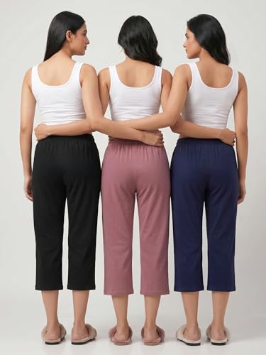Image of Fflirtygo Women's Cotton Plain Calf Length Capri | Nightwear Pajama | 3 /4th Solid Pyjama Pant | Black Navy and Lavender Lounge Pants | Casual wear & Lounge Wear Capri Combo (Pack of 3)