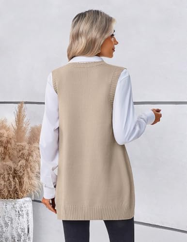 Zeagoo Suéter feminino 2025 pulôver grande sem mangas gola V com bolso tricotado roupas de outono, D