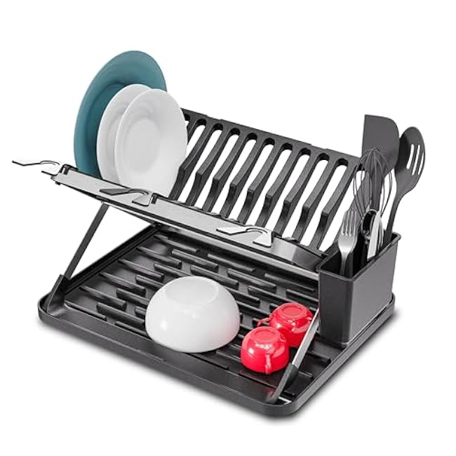 Home Zone Living Foldable Dish Drying Rack with Removable Utensil Caddy and Drip Tray