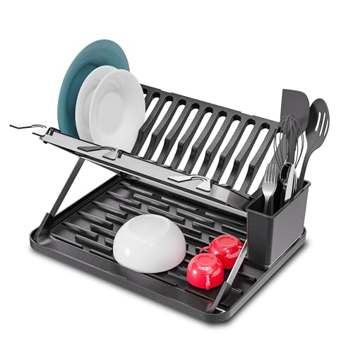 Image of Home Zone Living Dish Drying Rack for Kitchen Counter | X-Shape Foldable Design with Drip Tray and Holder for Utensils and Wine Glasses