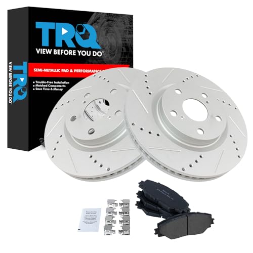 TRQ Front Brake Pad & Rotor Kit Semi-Metallic Slotted X Drilled Premium G-Coated Compatible with 09-10 Pontiac Vibe 16 Scion iM 11-16 tC 17-18 Toyota Corolla iM 09-13 Matrix 16-19 Mirai 06-18 RAV4