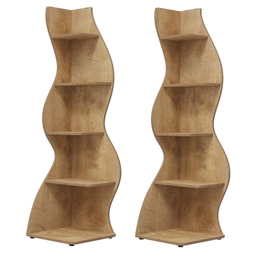 Image of Tribesigns Corner Shelf, Modern 5-Tier Wall Corner Bookshelf, Stylish Corner Small Bookcase Storage Rack Plant Stand with Unique Shape for Living Room, Home Office (Light Brown, 2PCS)