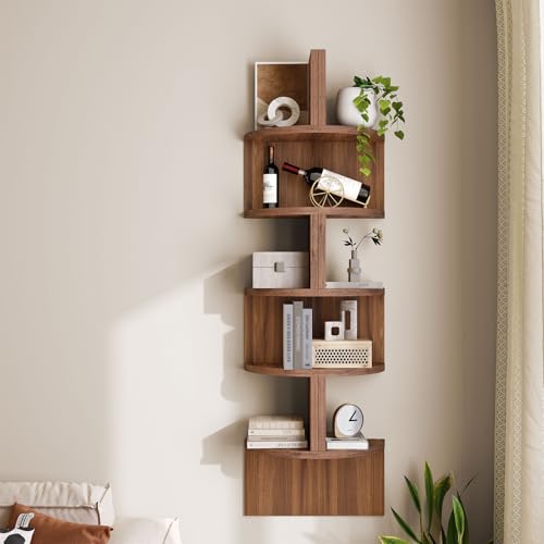 Image of HOOBRO Corner Shelf Wall-Mounted, Set of 2 Floating Corner Shelves for Wall, 5-Tier Corner Bookshelves for Living Room, Bedroom, Bathroom, Home Office, Walnut WL26BJP201