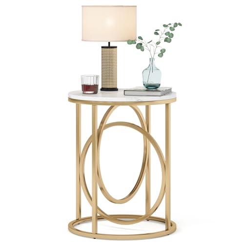 LITTLE TREE 20” Round End Table，Modern Sofa Side Table with Gold O-Shaped Base, Faux Marble White Cocktail Table Accent Table Nightstand for Living Room Bedroom by LITTLE TREE - Used condition - US$60.87