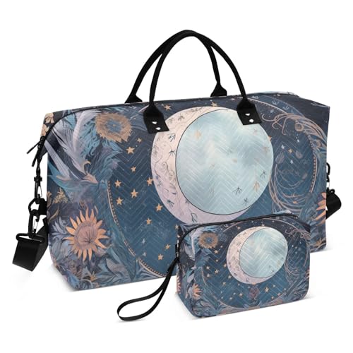 Large Travel Duffel Bag, Sun Moon Dreamcatcher Floral Sports Tote Gym Bag, Shoulder Weekender Overnight Bag for Women Men, Carry On Luggage with Toiletry Bags