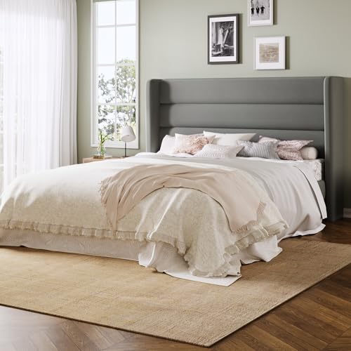 Image of Allewie Full Size Platform Bed Frame with Velvet Upholstered Wingback Headboard, No Box Spring Needed, Under Bed Storage Space, Strong Wooden Slats, Modern Mattress Foundation, Easy Assembly, Grey