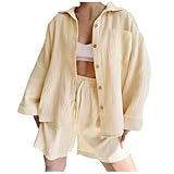 Genérico Conjunto de Pantalones Cortos y Camisa de Manga Larga para Mujer Traje Elegante de Dos Piezas con Diseño Moderno y Versátil (Khaki, M)