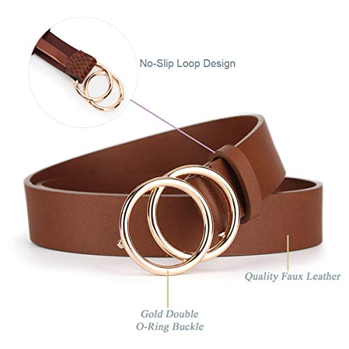 UnFader Pack 2 Women Belts for Jeans with Fashion Double O-Ring Buckle and Faux Leather2