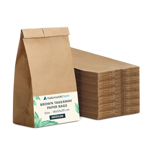 NationwidePaper 50pcs Medium Brown Paper Bags, Strong Kraft Paper Bags for Takeaway Fruits, Food, Lunch, Sweets and Sandwiches (18x12x29cm)