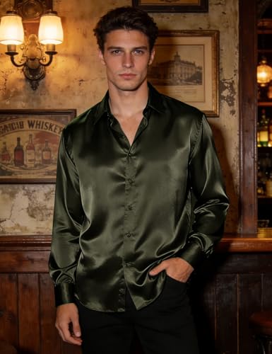 Image of Hi-Tie Men's Silk Satin Dress Shirts Long Sleeve Shiny Casual Button Up Shirts Luxury Party Disco Prom Wedding Shirt