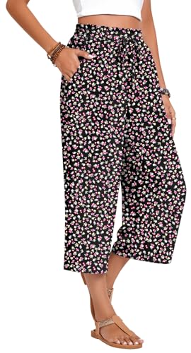 Image of Anyhold Women's Capri Pants Drawstring Casual Palazzo Trousers with Pockets Loose High Waisted Wide Leg Lounge Pants