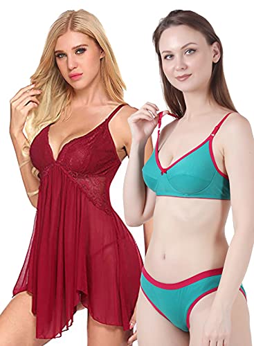 Image of Love Maker Lace Net Stylish Women Nightwear with Cotton Bra Panty Set for Women, Non Padded Bra Panty Set for Women & Night Wear Honeymoon Nighty for Women.