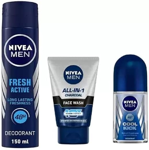 Nivea Men Fresh Active Deo 150Ml, All In ONe CHarcoal Face Wash 100Ml, Cool KIck Roll ON 50Ml 14 (3 Items in the set)