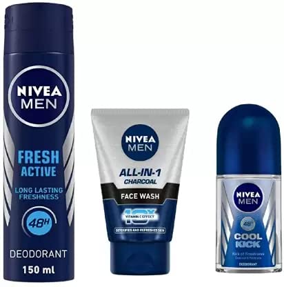 Nivea Men Fresh Active Deo 150Ml, All In ONe CHarcoal Face Wash 100Ml, Cool KIck Roll ON 50Ml 14 (3 Items in the set)-picture-26