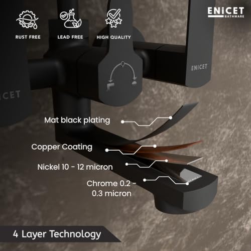 Image of ENICET 2 in 1 Wall Mixer with Shower for Bathroom, Matte Black, Brass Build, 220mm Long Bend Pipe Provision, Shower Set, Mixer Tap for Bathroom (KE121SBLACK)