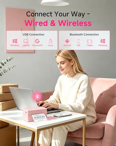 Image of Bluetooth Thermal Printer with Labels Holder and 500 Sheets 4x6 Fanfold Shipping Labels, Wireless Label Printer for Small Business, Compatible with iPhone, Android, Windows & Mac