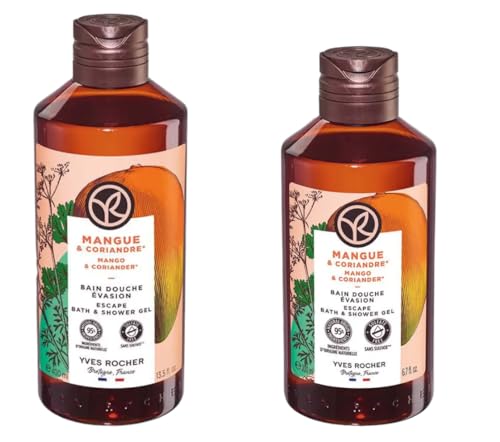 Yves Rocher Mango and Coriander Escape Moisturizing Bath and Shower Body Gel Set of 2-400 ml. / 13.5 fl.oz. 200 ml. / 6.7 fl.oz.