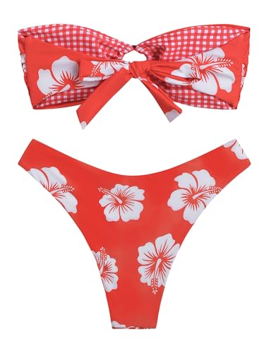 Image of ZAFUL Women's Bandeau Bikini O Ring Strapless Tie Back High Cut Two Piece Swimsuit Bathing Suits