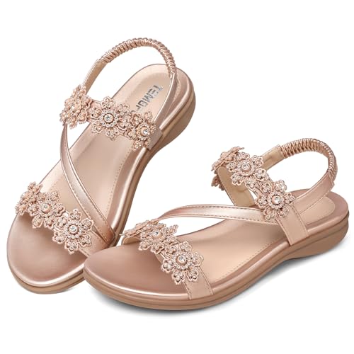 Image of TEMOFON Sandals for Women Flat Dressy Summer Flower Sandals with Ankle Strap Comfortable Casual Walking Flat Sandals Size 5-11