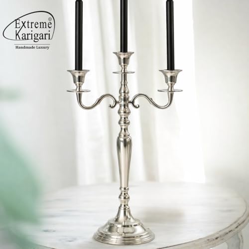 Image of 3 Arm Silver Candlestick Holder Stand | 24 Inch Tall Metal Candelabra for Wedding Centerpieces, Dining Table, Living Room & Event Decor