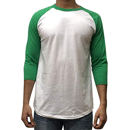 Kangora Men’s Plain Raglan Baseball Tee T-Shirt Unisex 3 4 Sleeve Casual Athletic Performance Jersey Shirt (White Kelly Green, Large)