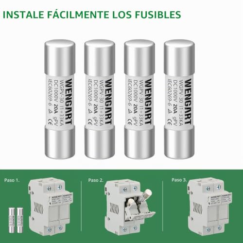 Miniatura 7 de Fusibles Solares Wengart Wgpv-30,1000vdc,10x38mm,I133ka,Fusibles Fotovoltaicos Rápidos Para Aplicaciones Fotovoltaicas Solares,10 Unidades 20a