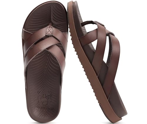 KuaiLu Womens Dressy Orthotic Flip Flops Trendy Comfortable Cushion Recovery Walking Leather Thong Sandals Ladies Yoga Memory Foam Summer Pool Beach Slip on Plantar Fasciitis Arch Support Brown 9.5