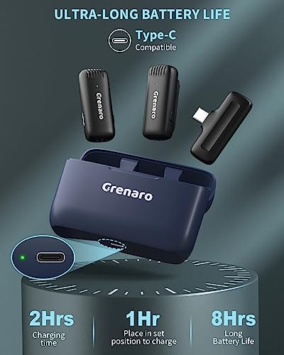 Image of GRENARO J13 Wireless Mic with Charging Case, One-Click Maximum Level Noise Reduction Lapel Mic, Multicolor Wireless Microphone for Youtubers, Surpported for Android /iPhone-Dual Universal (Blue)