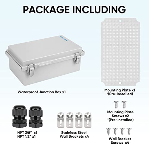 Image of TICONN Outdoor Electrical Box Waterproof, Junction Box IP67 ABS Plastic Enclosure with Hinged Cover with Mounting Plate, Wall Brackets, Cable Glands (Off-White, 10.2 inchx6.3 inchx3.9 inch)