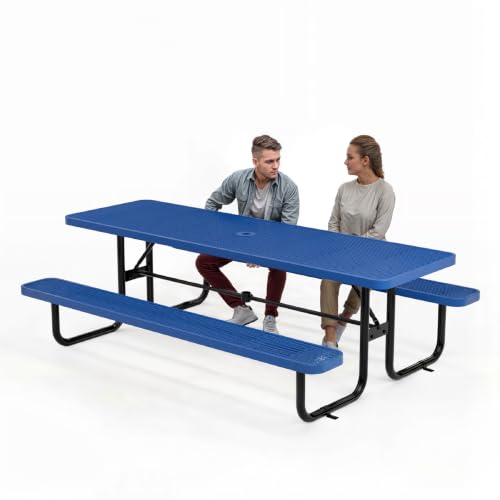 OUTTANS Commercial Heavy-Duty Metal Picnic Table - ADA Compliant, Adjustable Seats, Umbrella Hole, Expanded Metal (Blue, 8' Rectangular)