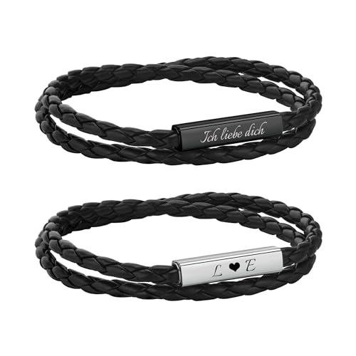 Personalisierte Partnerarmbänder mit Gravur - Lederarmband Herren Damen Pärchen Armband mit Namen Partner Armbänder Magnet mit HERZ Weihnachten Jubiläum Geburtstag Valentinstag Geschenke für Sie Ihn