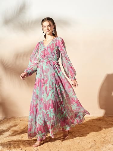 Image of Miss Chase Women's Multicolored-Base-Brown Relaxed Fit Maxi Lurex Chiffon Dress