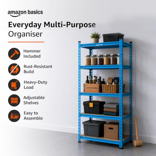 Image of Amazon Basics 5-Tier Storage Rack | Bolt-Free Assembly | Metal Stand & Thick MDF Board | 175kg Capacity Per Shelf | 63H x 24W x 12D inch Adjustable Shelf Rack for Home, Garage & Shop | Blue