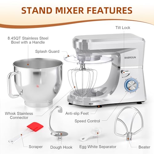Image of Dough Mixer 8.45 QT Electric Mixer - 660W 6 Speed Large Capacity Kitchen Stand Mixer with Whisk Dough Hook Mixing Beater Household Food Mixer for Baking Cakes Cookie Bread Salad(Silver)